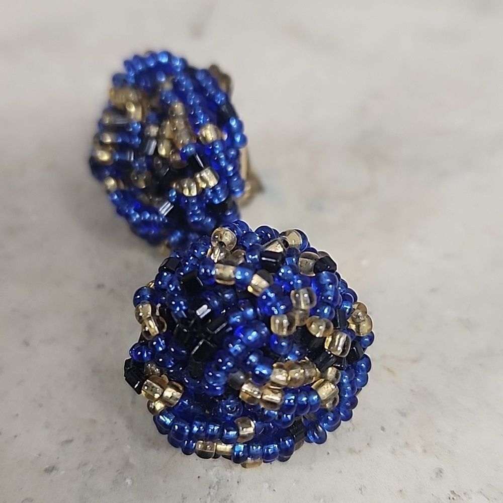 Vintage Blue, Gold, Black Seed Bead Clip on Earrings made in Japan